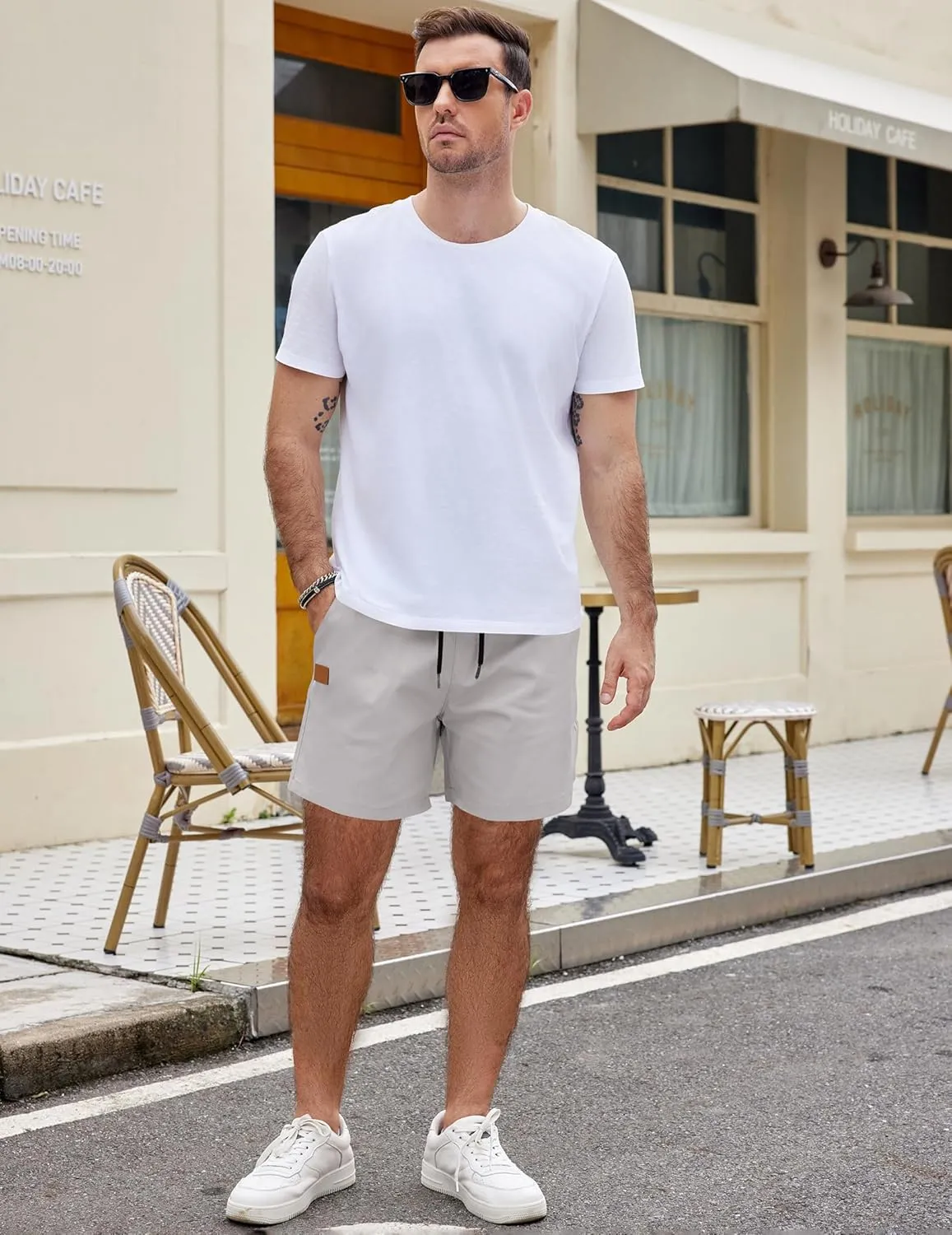 COOFANDY Men's Casual Cotton Shorts 5 Inch Summer Beach Shorts Lightweight Drawstring Elastic Waist Chino Golf Shorts