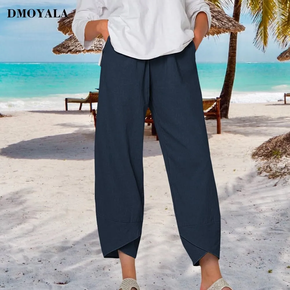Cotton Linen Pants Women Summer Plus Size Boho Pants 2025 Lightweight Hight Waist Linen Vacation Beach Pants Pockets