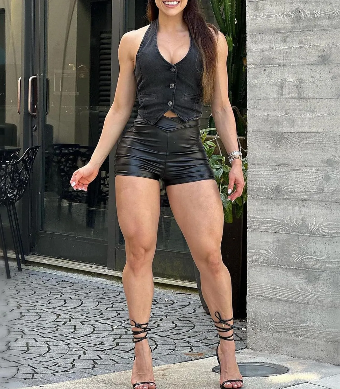 Cowgirl Faux Leather Black Shorts Women's High Waist Pu Leather Shorts with Cross