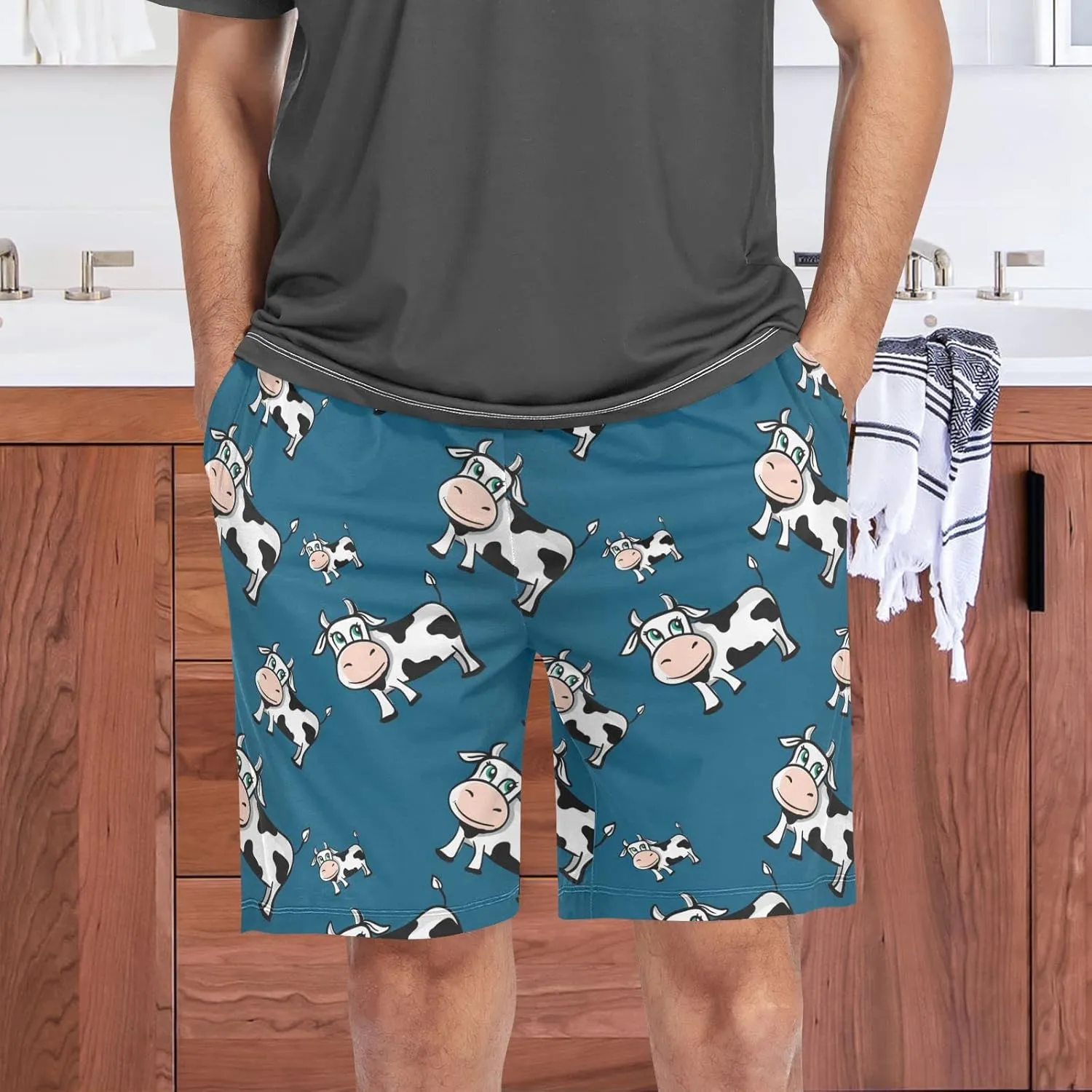 Cows Pattern On Dark Blue Men's Pajama Pants Shorts Sleepwear Lounge Pajama Bottoms