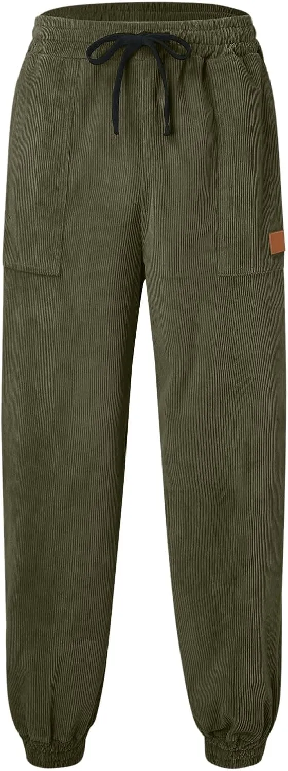 CRNTCEM Cuffed Corduory Sweatpant for Men Elastic Waist Casual Jogging Pants Winter Warm Straight Leg Athletic Harem Pants
