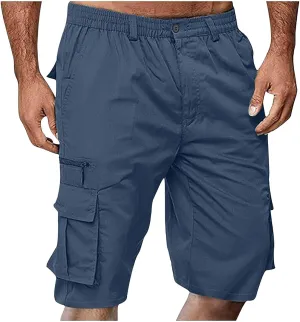 CRNTCEM Elastic Waist Zipper Cargo Shorts Mens Summer Button Lightweight Work Hiking Travel Shorts Big and Tall with Pockets