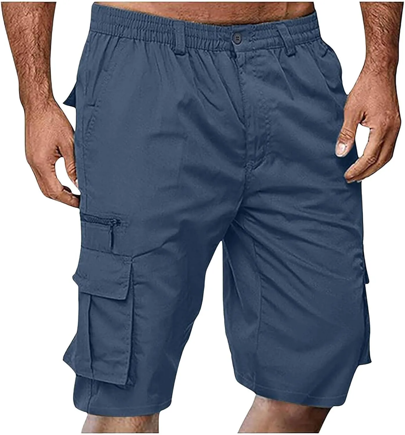 CRNTCEM Elastic Waist Zipper Cargo Shorts Mens Summer Button Lightweight Work Hiking Travel Shorts Big and Tall with Pockets