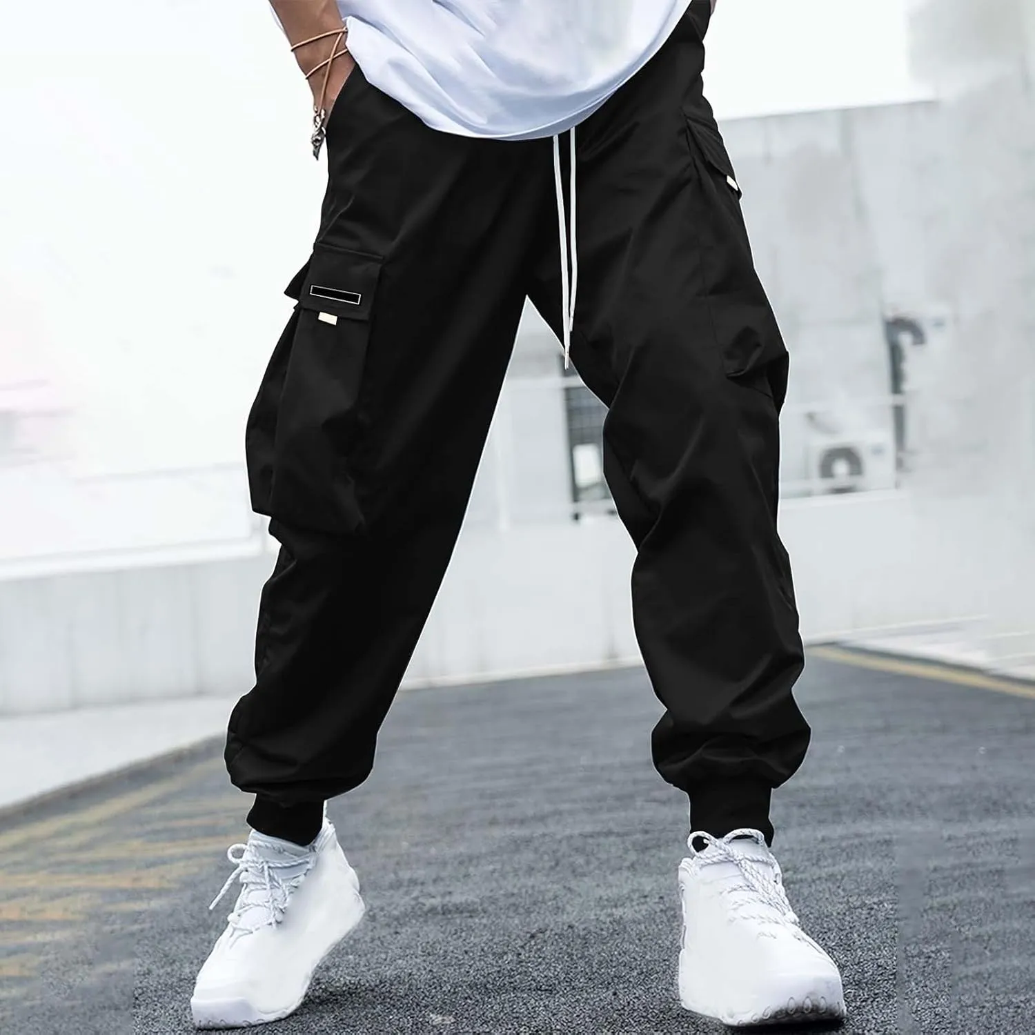 CRNTCEM Mens Baggy Hip Hop Cargo Pants Lightweight Streetwear Grunge Harem Joggers Trousers Trendy Casual Y2K Parachute Pants