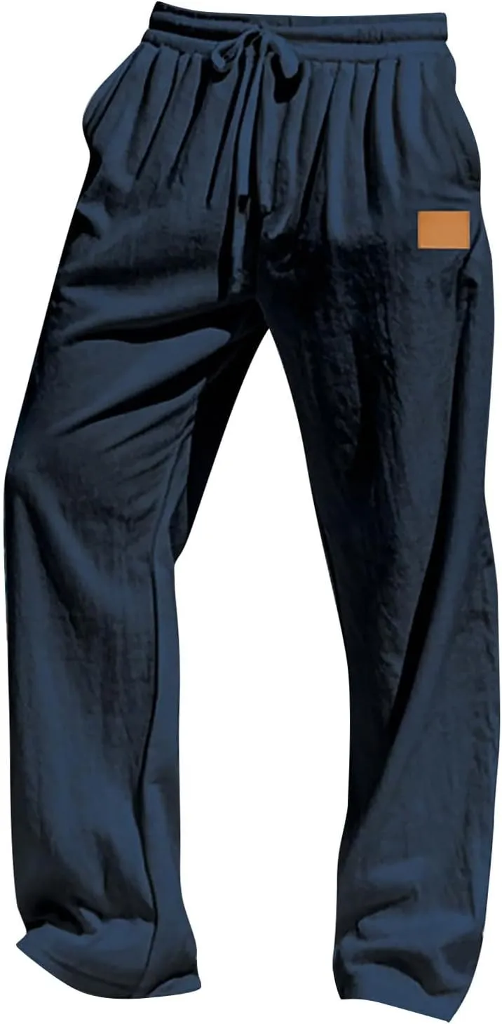 CRNTCEM Mens Cotton Linen Beach Pants Straight Loose Casual Yoga Sweatpants Outdoor Lightweight Travel Lounge Trousers