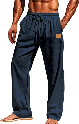 CRNTCEM Mens Cotton Linen Beach Pants Straight Loose Casual Yoga Sweatpants Outdoor Lightweight Travel Lounge Trousers