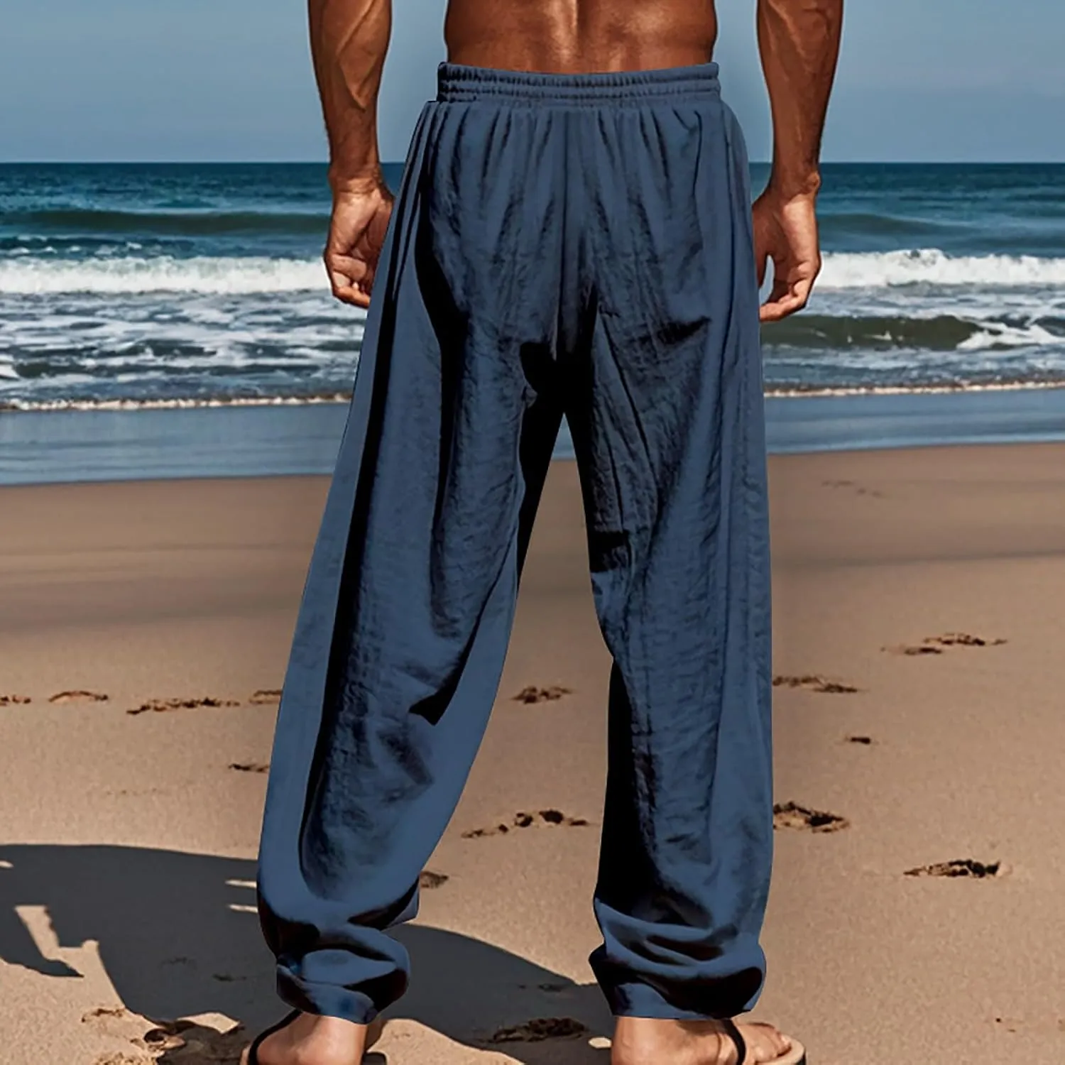 CRNTCEM Mens Cotton Linen Beach Pants Straight Loose Casual Yoga Sweatpants Outdoor Lightweight Travel Lounge Trousers