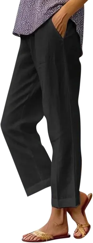 Crop Pants for Women Summer Trousers Loose Elastic Waist Straight Pocket Casual Pants
