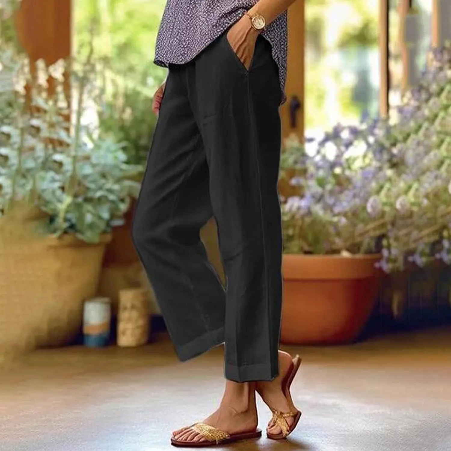 Crop Pants for Women Summer Trousers Loose Elastic Waist Straight Pocket Casual Pants