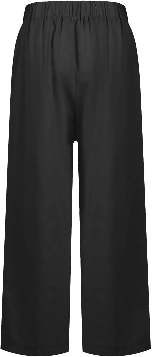 Crop Pants for Women Summer Trousers Loose Elastic Waist Straight Pocket Casual Pants