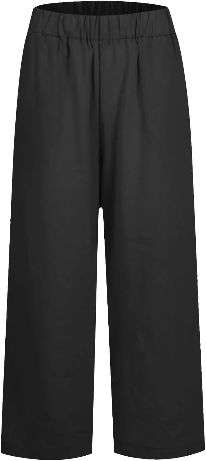 Crop Pants for Women Summer Trousers Loose Elastic Waist Straight Pocket Casual Pants