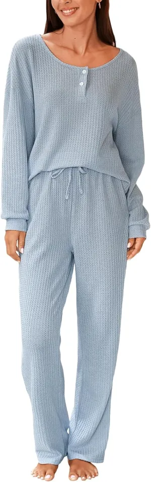 CUPSHE Women Waffle Knit Pajamas Set Long Sleeve Partial Button Soft 2 Piece Lounge Pjs Sets