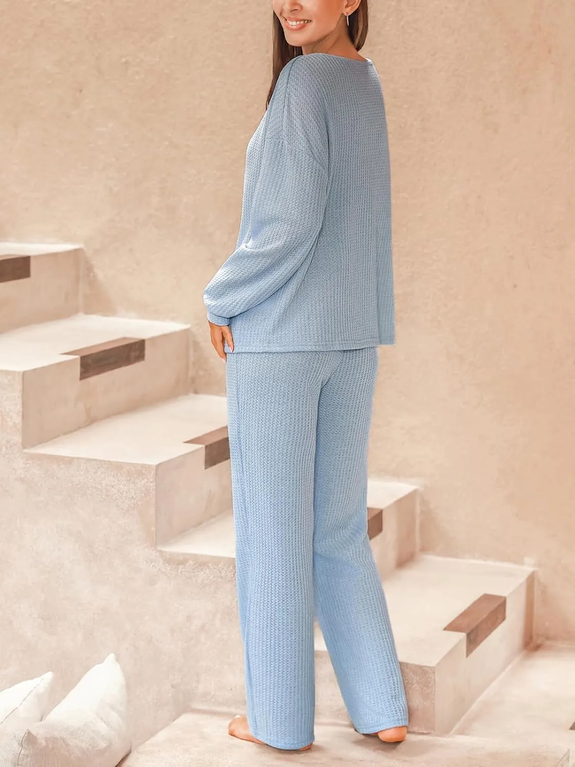 CUPSHE Women Waffle Knit Pajamas Set Long Sleeve Partial Button Soft 2 Piece Lounge Pjs Sets