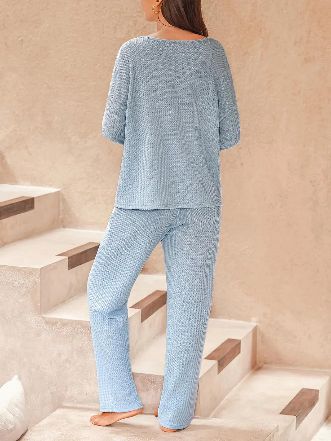 CUPSHE Women Waffle Knit Pajamas Set Long Sleeve Partial Button Soft 2 Piece Lounge Pjs Sets