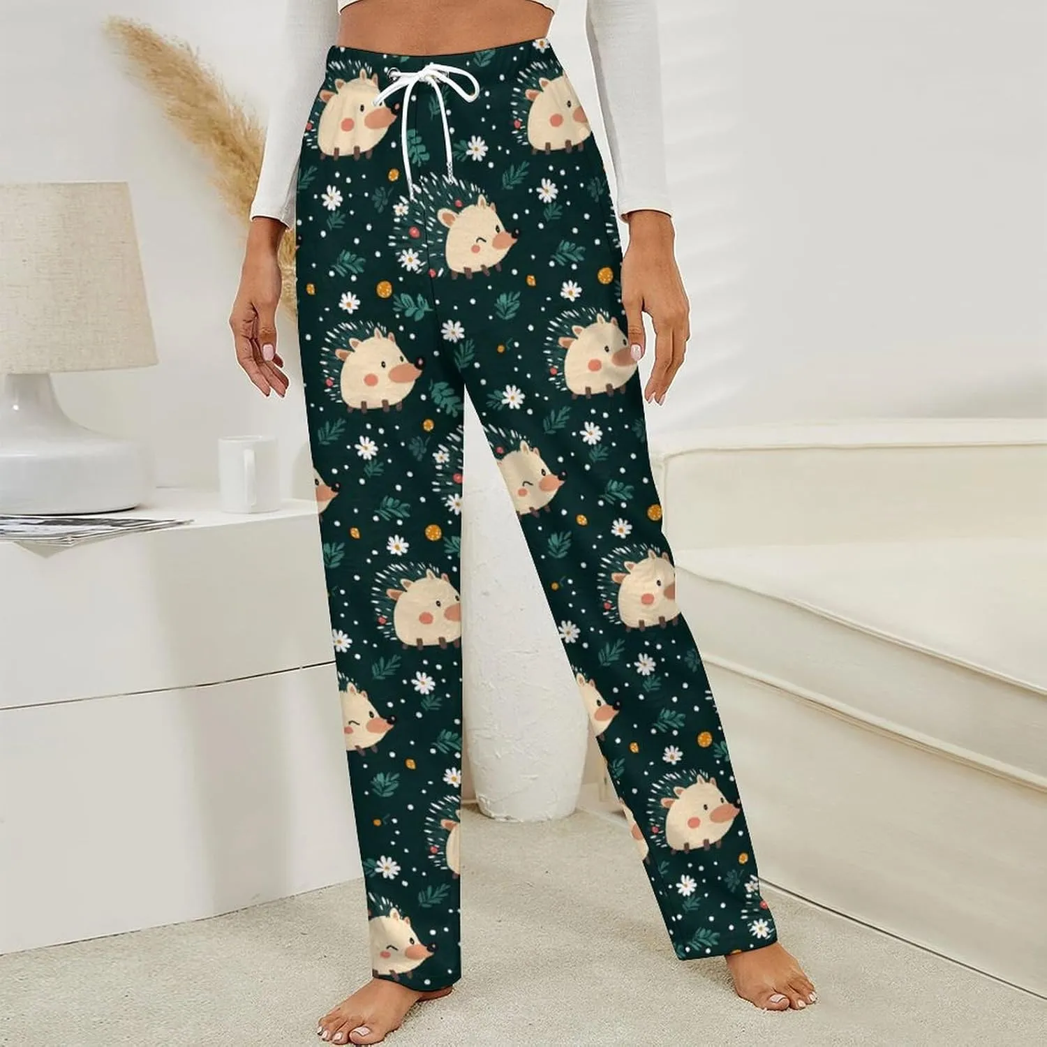 Cute Hedgehogs Flowers Women's Pajama Pants Fleece Warm Pj Bottoms Sleepwear Lounge Pants Loungewear
