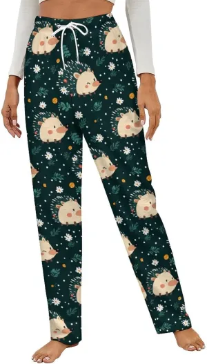 Cute Hedgehogs Flowers Women's Pajama Pants Fleece Warm Pj Bottoms Sleepwear Lounge Pants Loungewear