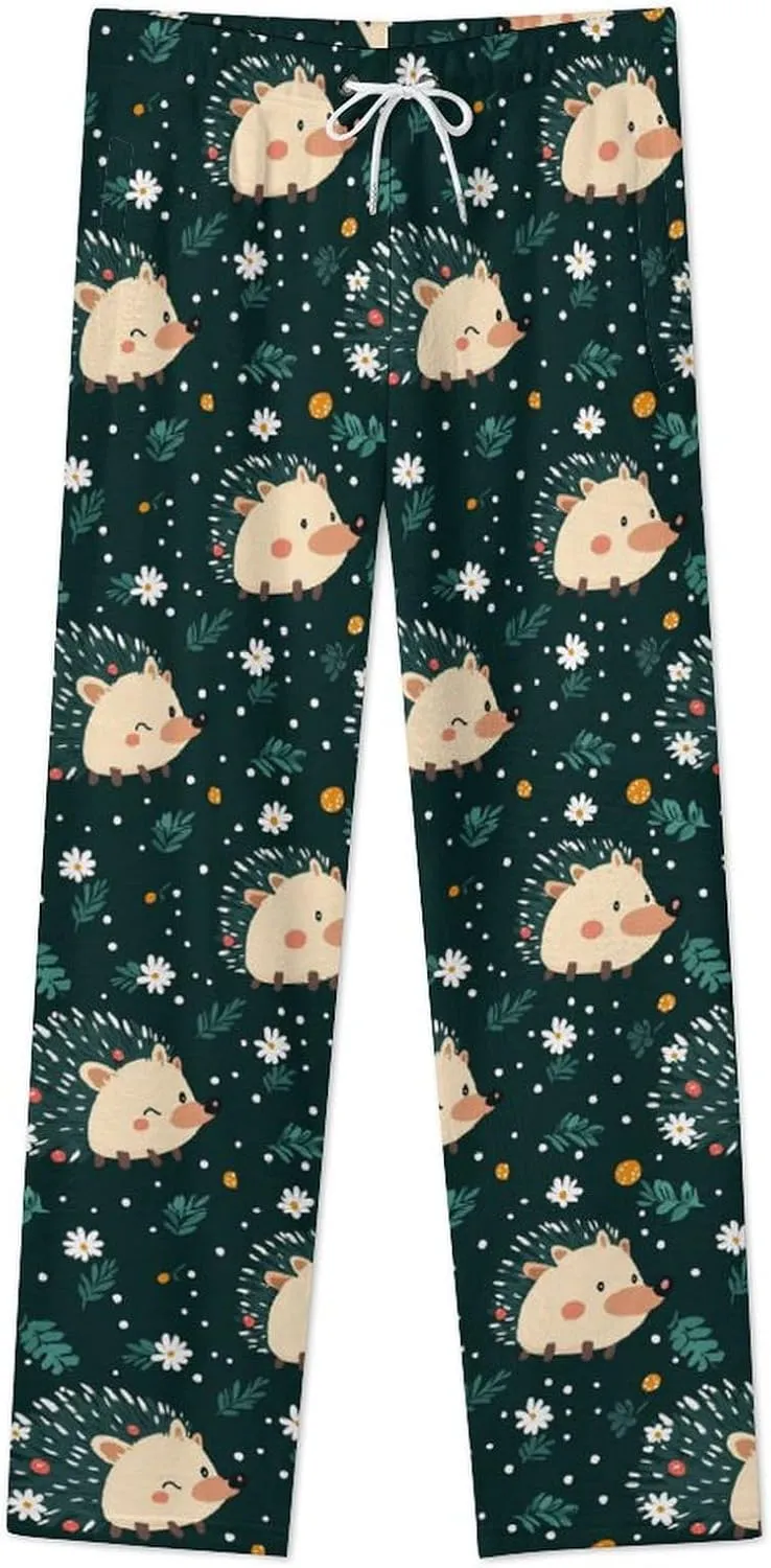 Cute Hedgehogs Flowers Women's Pajama Pants Fleece Warm Pj Bottoms Sleepwear Lounge Pants Loungewear