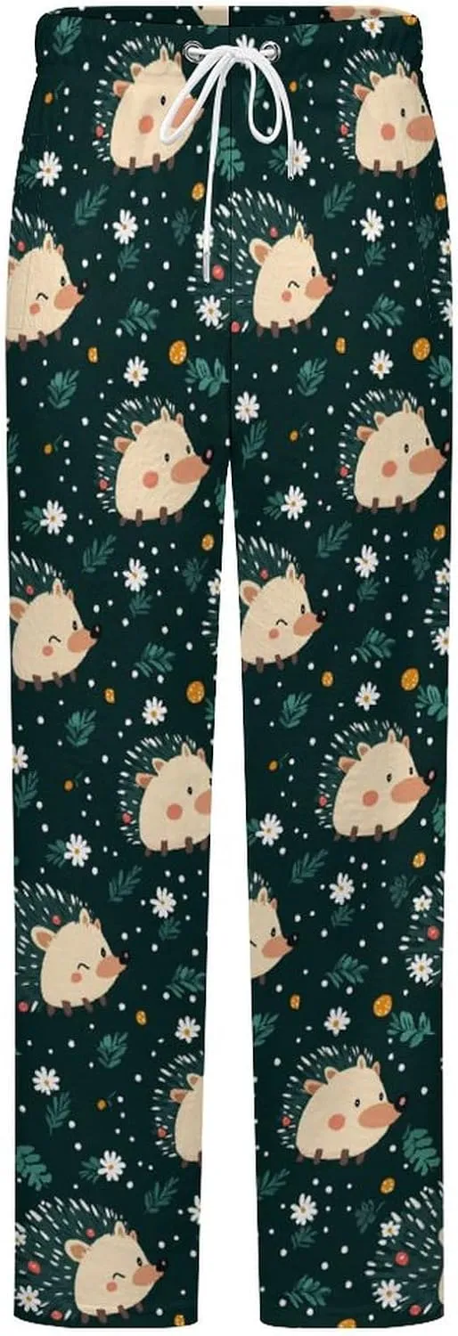 Cute Hedgehogs Flowers Women's Pajama Pants Fleece Warm Pj Bottoms Sleepwear Lounge Pants Loungewear