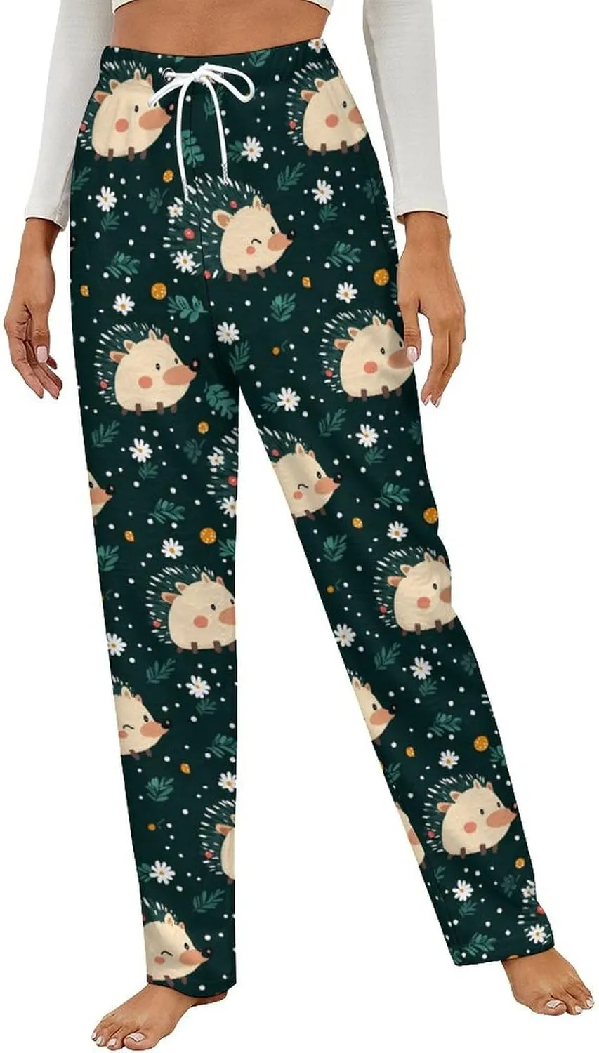 Cute Hedgehogs Flowers Women's Pajama Pants Fleece Warm Pj Bottoms Sleepwear Lounge Pants Loungewear