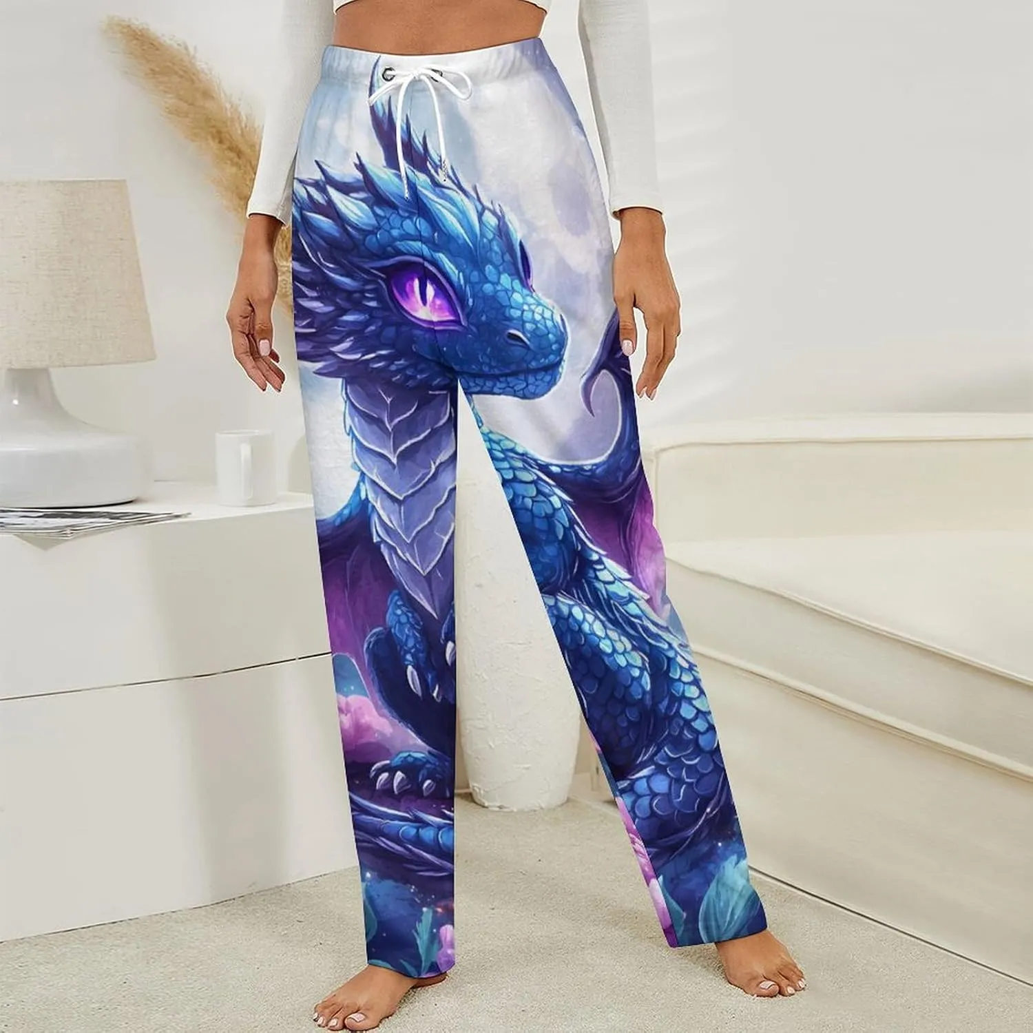 Dragon Peony Flowers Women's Pajama Pants Fleece Warm Pj Bottoms Sleepwear Lounge Pants Loungewear