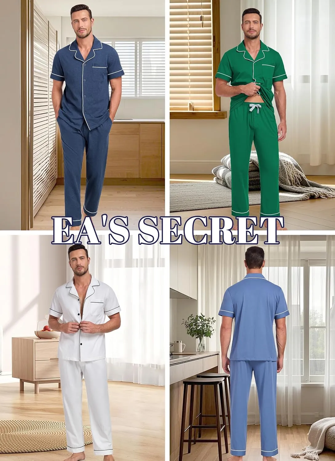 EA'S SECRET Mens Pajamas Set 100% Cotton Soft Button Pajamas for Men Short Sleeve Sleepwear 2 Piece Lounge Pjs Sets