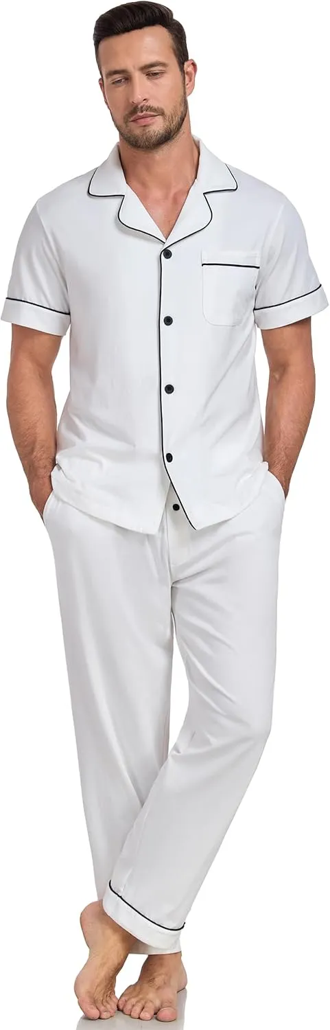 EA'S SECRET Mens Pajamas Set 100% Cotton Soft Button Pajamas for Men Short Sleeve Sleepwear 2 Piece Lounge Pjs Sets