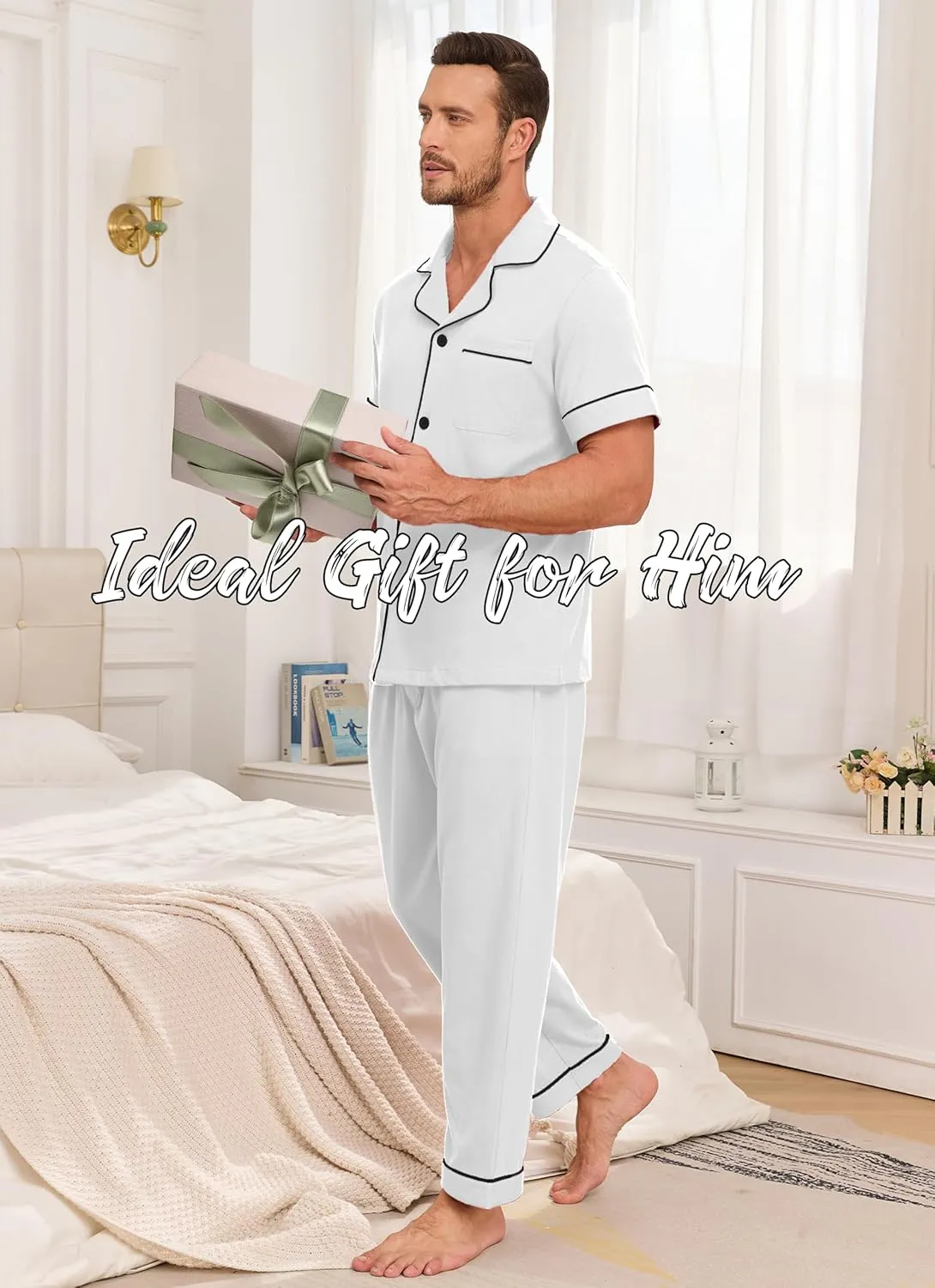 EA'S SECRET Mens Pajamas Set 100% Cotton Soft Button Pajamas for Men Short Sleeve Sleepwear 2 Piece Lounge Pjs Sets