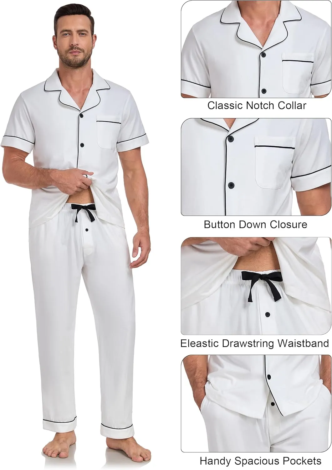 EA'S SECRET Mens Pajamas Set 100% Cotton Soft Button Pajamas for Men Short Sleeve Sleepwear 2 Piece Lounge Pjs Sets