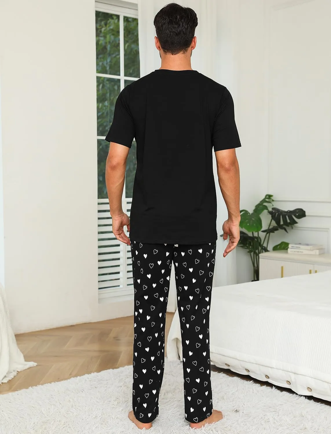 EISHOPEER Cotton Matching Pajamas for Couples Cute Printed Short Sleeve Top & Long Pants Sleepwear Pjs Sets
