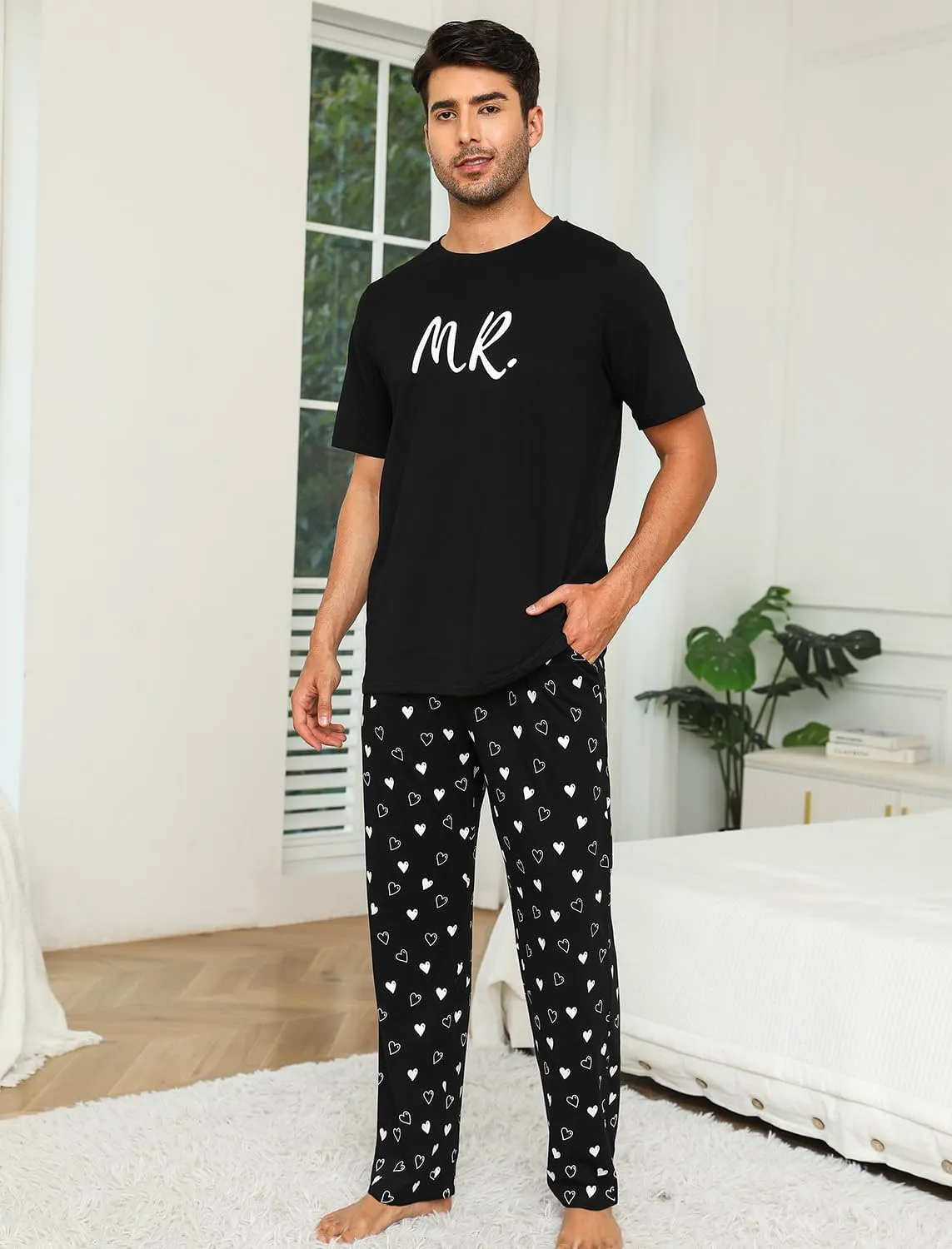 EISHOPEER Cotton Matching Pajamas for Couples Cute Printed Short Sleeve Top & Long Pants Sleepwear Pjs Sets