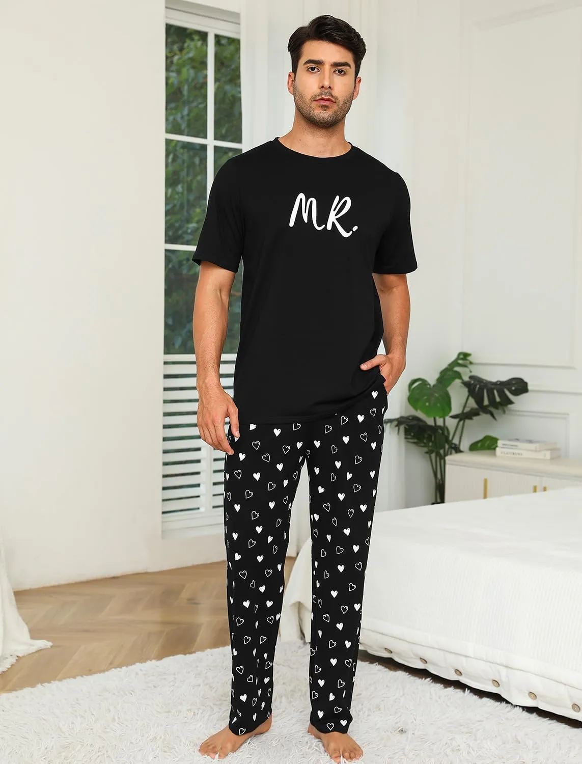 EISHOPEER Cotton Matching Pajamas for Couples Cute Printed Short Sleeve Top & Long Pants Sleepwear Pjs Sets