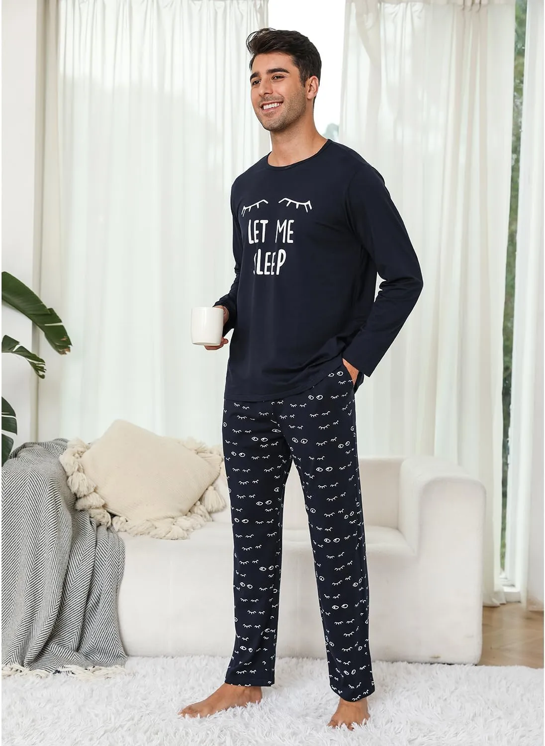 EISHOPEER Men's Pajama Set Cute Printed Long Sleeve Top and Long Pants Soft Sleepwear Pjs Sets S-XXL