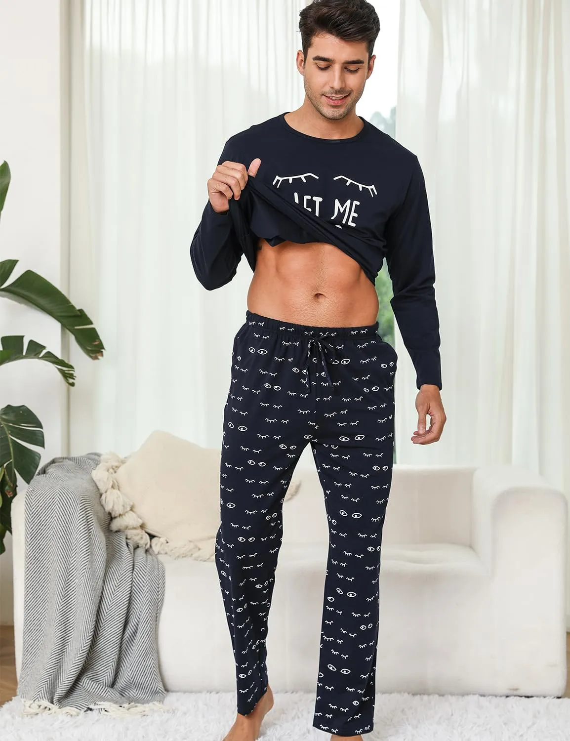 EISHOPEER Men's Pajama Set Cute Printed Long Sleeve Top and Long Pants Soft Sleepwear Pjs Sets S-XXL