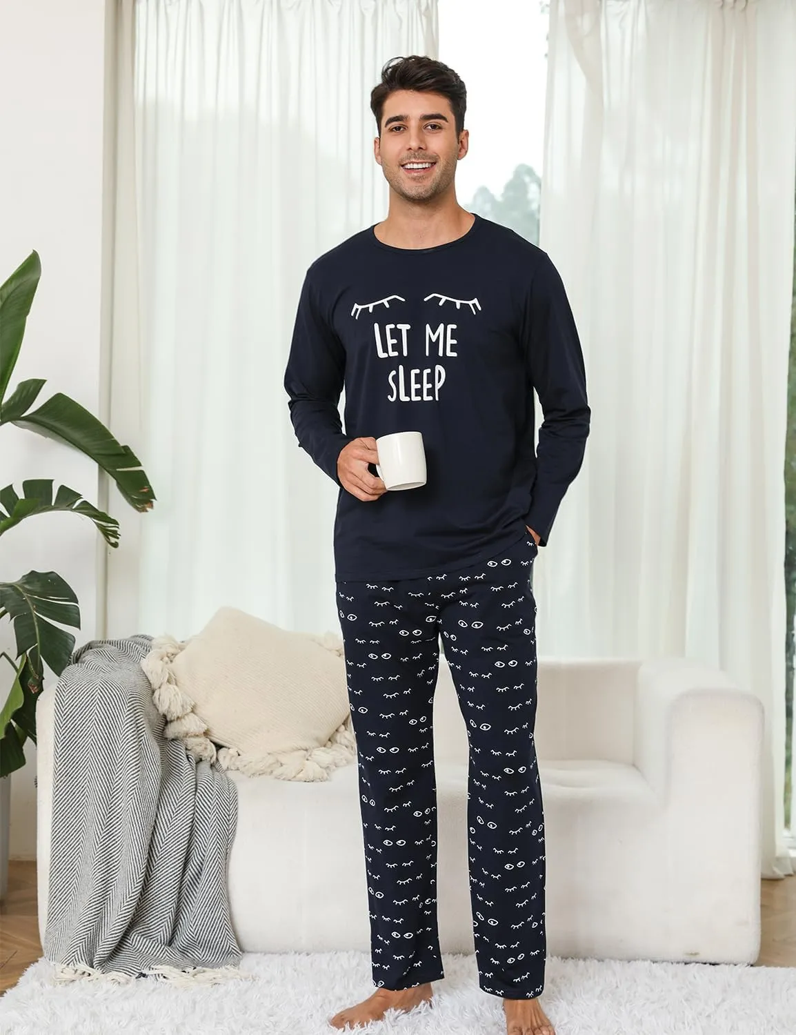 EISHOPEER Men's Pajama Set Cute Printed Long Sleeve Top and Long Pants Soft Sleepwear Pjs Sets S-XXL