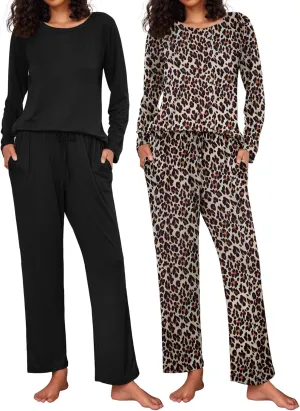 Ekouaer 2 Pack Women's Pajama Set Soft Long Sleeve Sleepwear Loungewear Pjs Sets with Pockets S-XXL