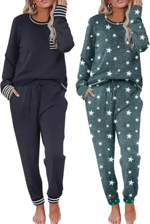 Ekouaer 2 Pack Womens Pajama Sets Long Sleeve Lounge Sets Soft Pj Sleepwear Loungewear