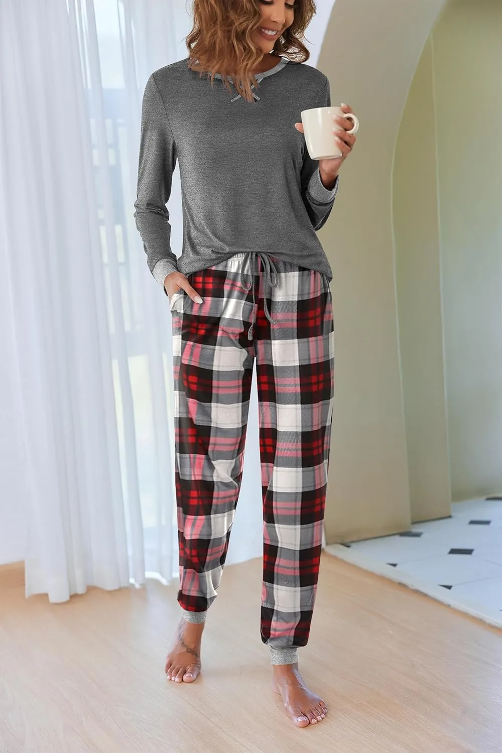 Ekouaer Pajamas Set for Women Long Sleeve Crew Neck Comfy Pjs Lounge Sets With Pockets