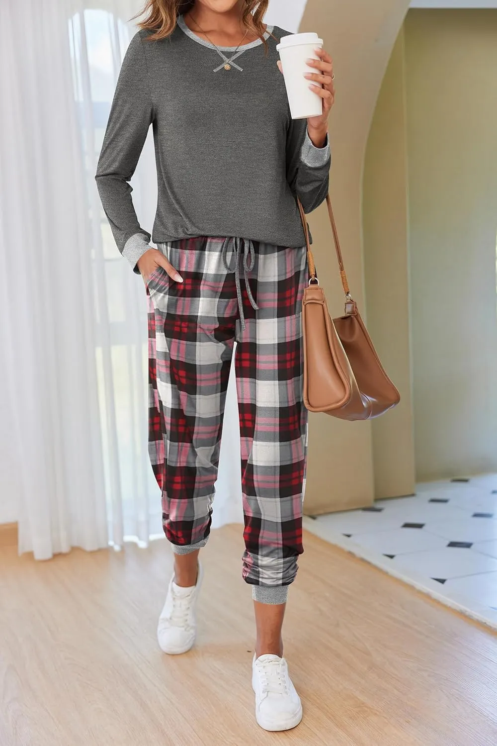 Ekouaer Pajamas Set for Women Long Sleeve Crew Neck Comfy Pjs Lounge Sets With Pockets