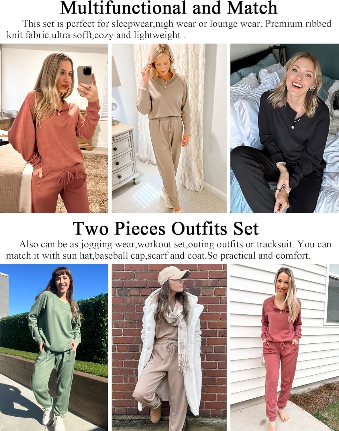 Ekouaer Pajamas Women's Waffle Knit Sleepwear Long Sleeve Top with Pants Casual Pjs Loungewear Set S-XXL