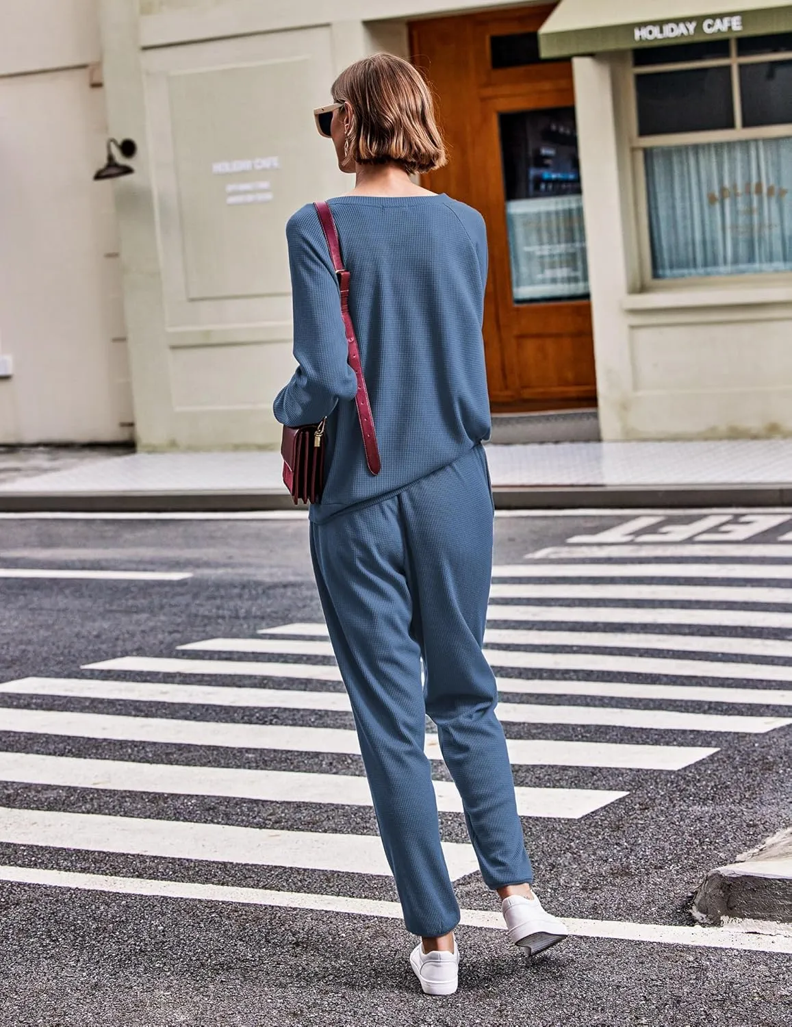 Ekouaer Pajamas Women's Waffle Knit Sleepwear Long Sleeve Top with Pants Casual Pjs Loungewear Set S-XXL