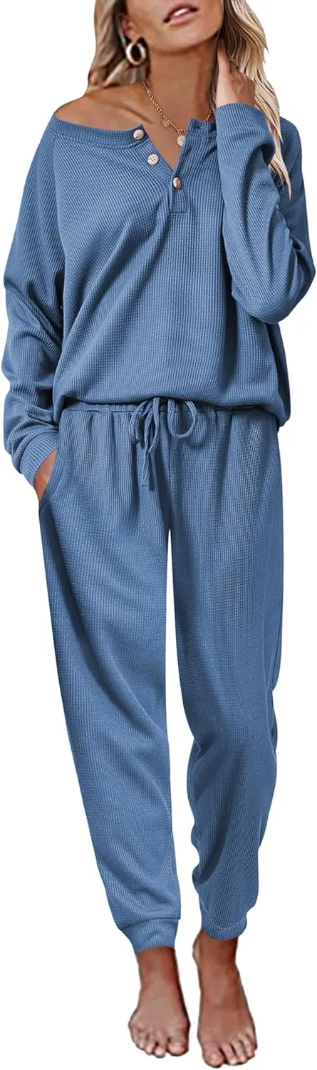 Ekouaer Pajamas Women's Waffle Knit Sleepwear Long Sleeve Top with Pants Casual Pjs Loungewear Set S-XXL