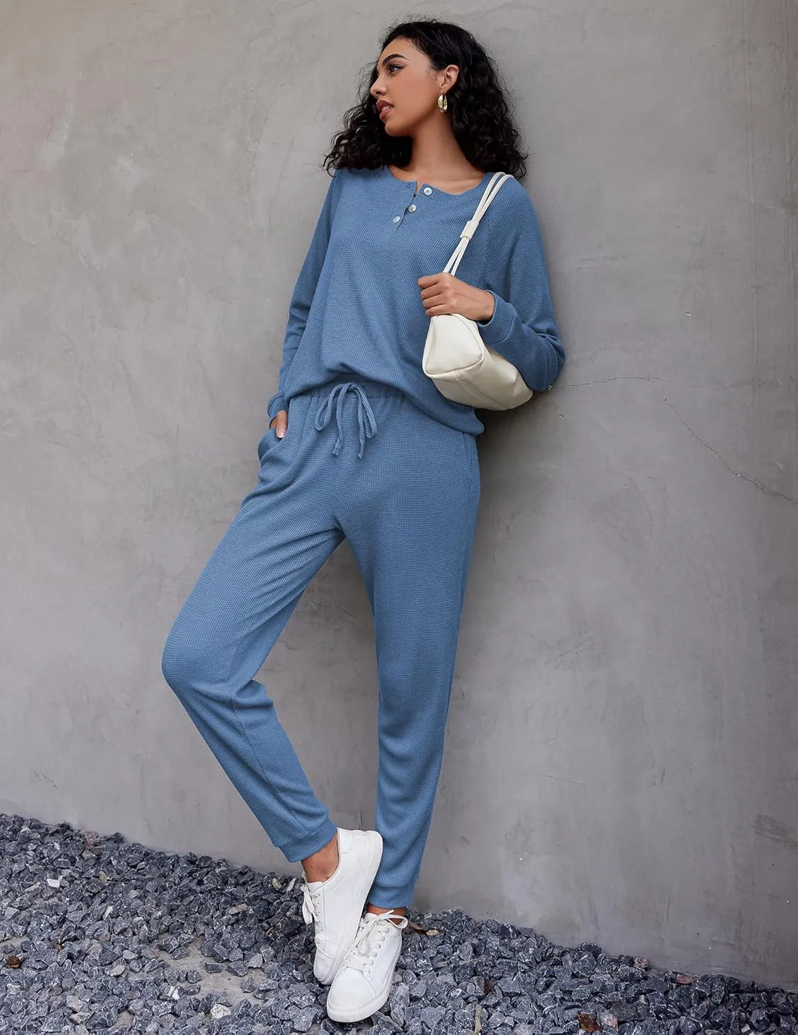 Ekouaer Pajamas Women's Waffle Knit Sleepwear Long Sleeve Top with Pants Casual Pjs Loungewear Set S-XXL