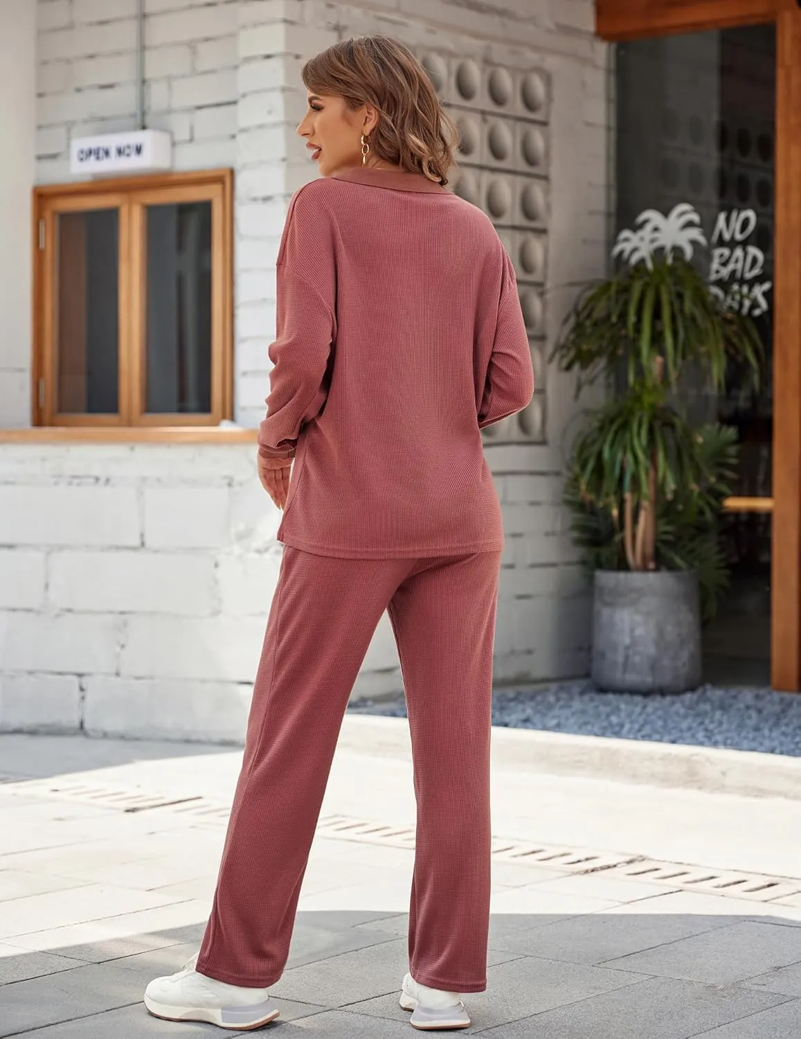 Ekouaer Waffle Knit Pajamas Set for Women 2 Piece Outfits Long Sleeve Button Top and Wide Leg Pant with Pockets Loungewear