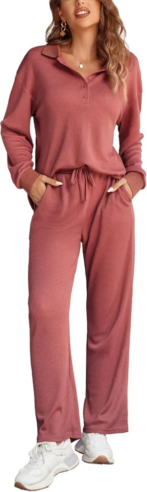 Ekouaer Waffle Knit Pajamas Set for Women 2 Piece Outfits Long Sleeve Button Top and Wide Leg Pant with Pockets Loungewear