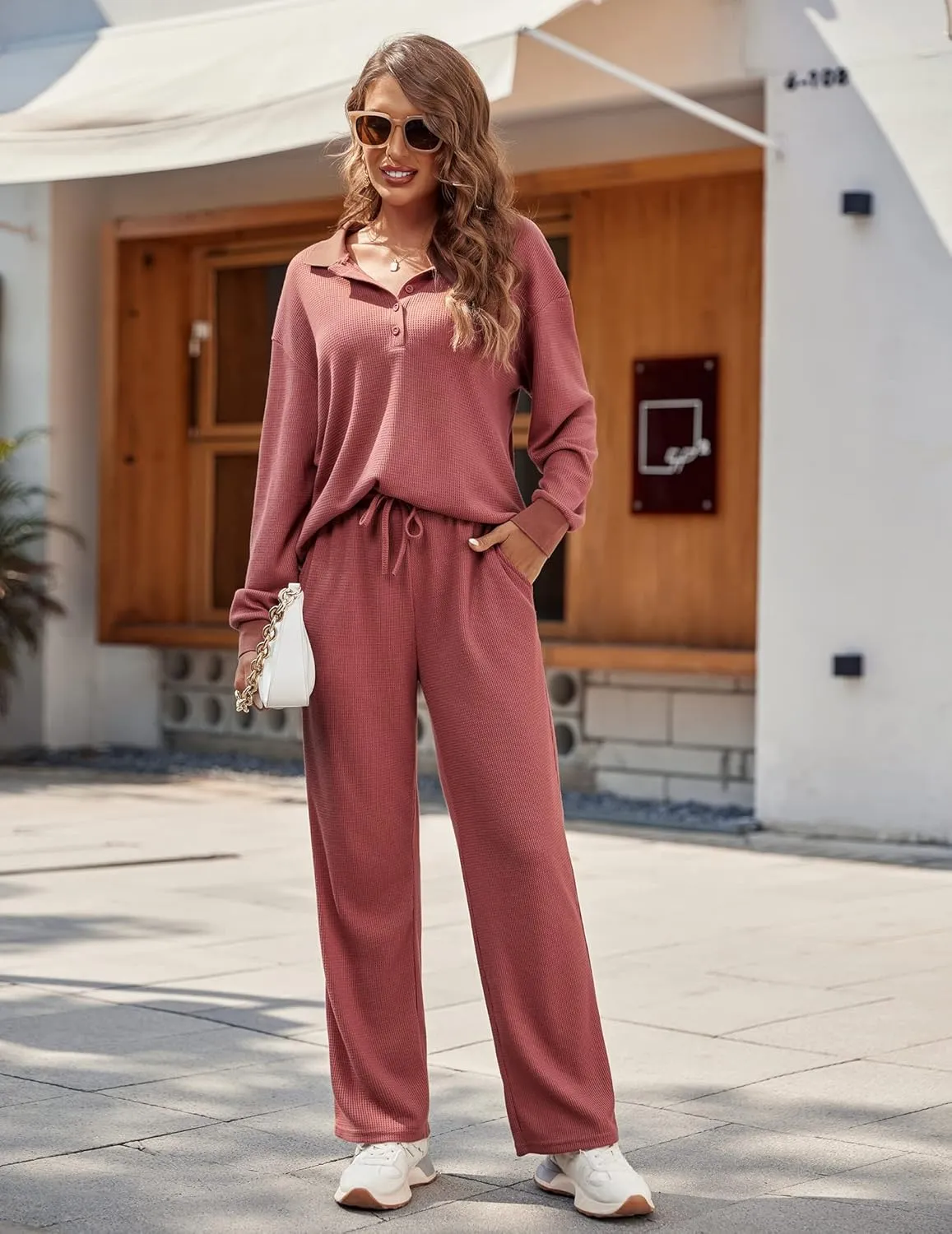 Ekouaer Waffle Knit Pajamas Set for Women 2 Piece Outfits Long Sleeve Button Top and Wide Leg Pant with Pockets Loungewear