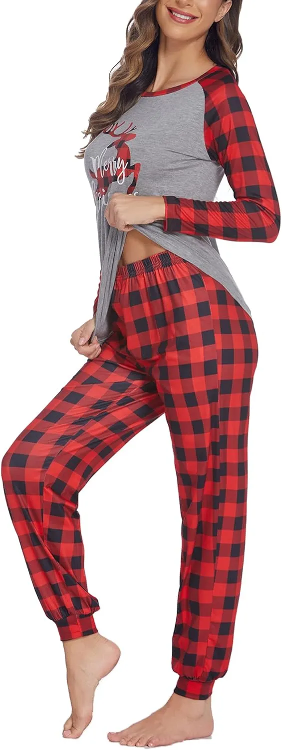 Ekouaer Women's Pajama Set Christmas Pjs Long Sleeve Print Tops and Pajamas Pants Soft Sleepwear Set