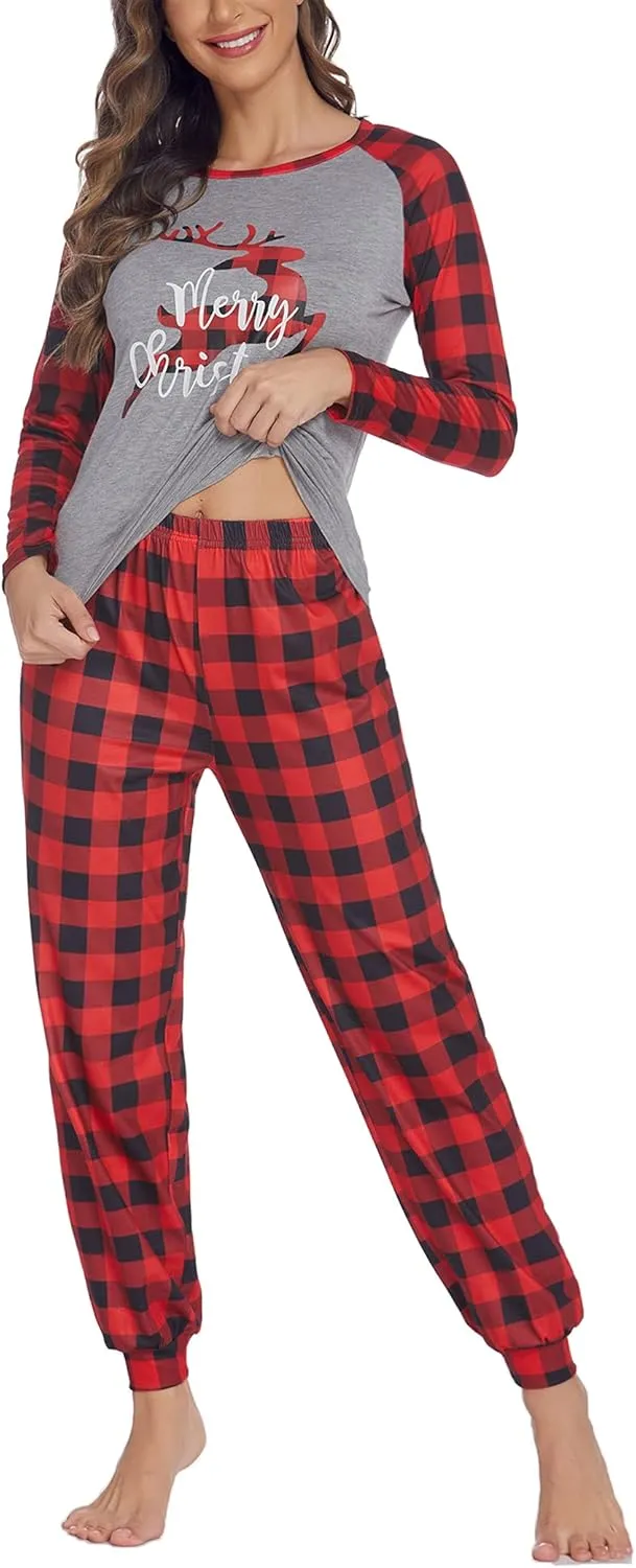 Ekouaer Women's Pajama Set Christmas Pjs Long Sleeve Print Tops and Pajamas Pants Soft Sleepwear Set