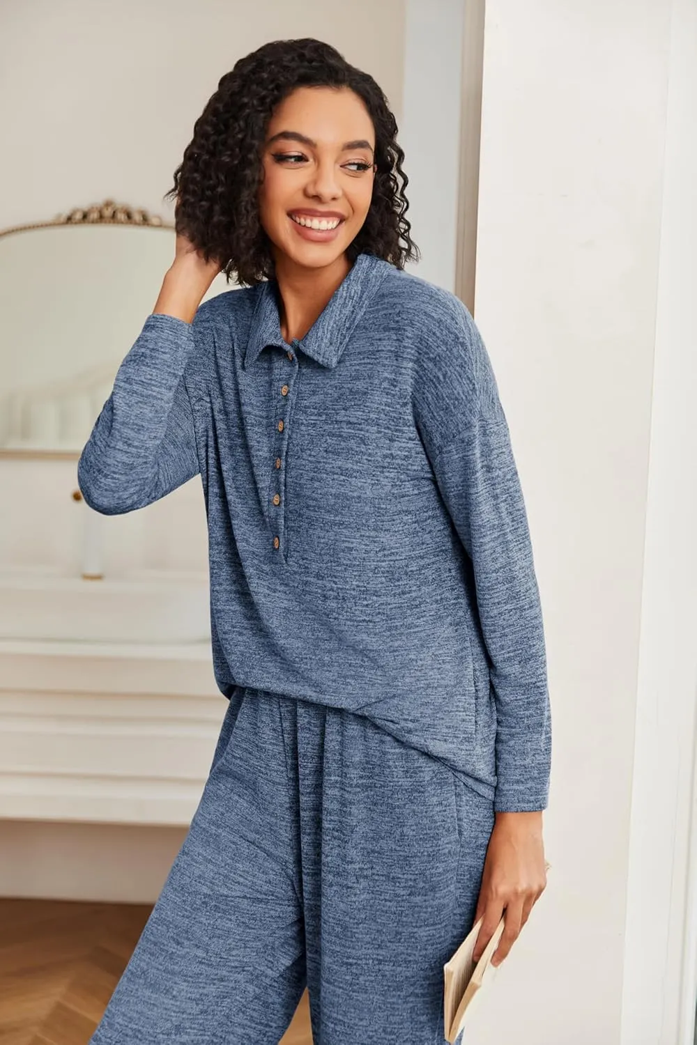 Ekouaer Women's Pajamas Set 2 Piece Knit Long Sleeve Button Down Sleepwear Soft Pjs Lounge Sets S-XXL
