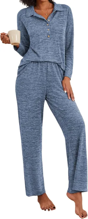Ekouaer Women's Pajamas Set 2 Piece Knit Long Sleeve Button Down Sleepwear Soft Pjs Lounge Sets S-XXL