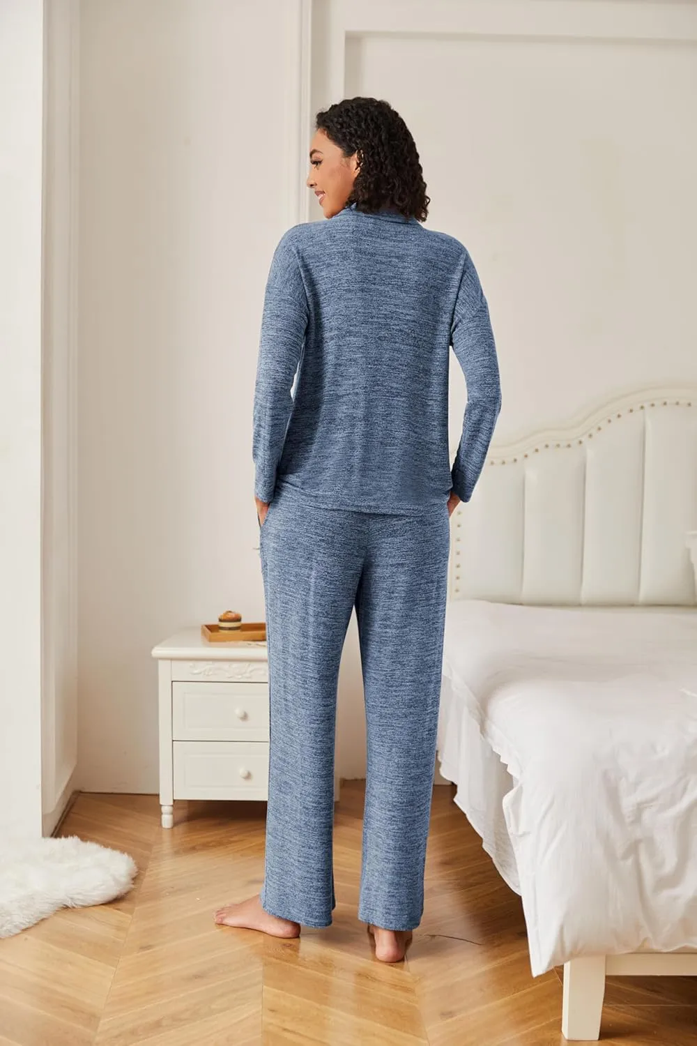 Ekouaer Women's Pajamas Set 2 Piece Knit Long Sleeve Button Down Sleepwear Soft Pjs Lounge Sets S-XXL